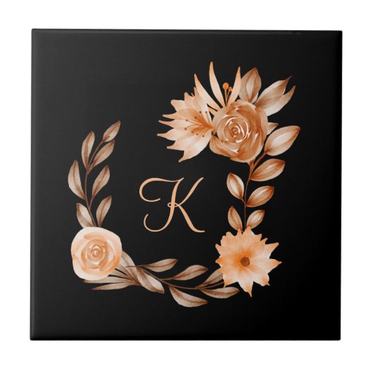 Carreau Fleurs noir marron et pêche avec monogramme (Devant)