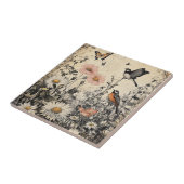 Carreau Fleurs, oiseaux et papillon sur papier vieilli (Côté)