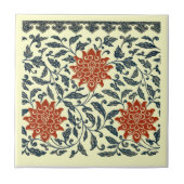 Carreau Fleurs Oranges Chinoises Feuilles Bleus Sur Crème  (Devant)