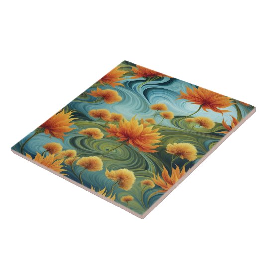 Carreau Fleurs Oranges Vibrantes Au Milieu De Blues Frotta (Côté)