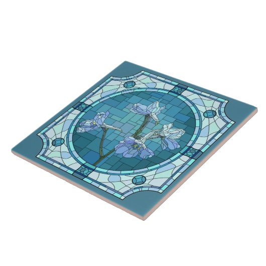 Carreau Fleurs peintes, Iris bleus (look vitrail) (Côté)