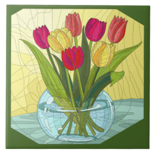 Carreau Fleurs peintes, vase de tulipes