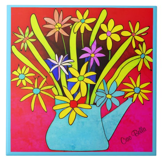 Carreau Fleurs psychédéliques vibrantes dans un vase bleu (Devant)