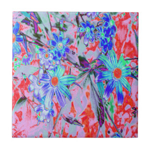Carreau Fleurs rétro psychédéliques vert aqua et orange