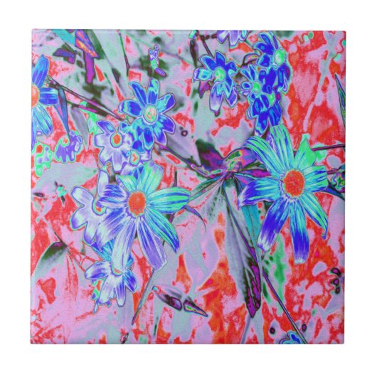 Carreau Fleurs rétro psychédéliques vert aqua et orange (Devant)