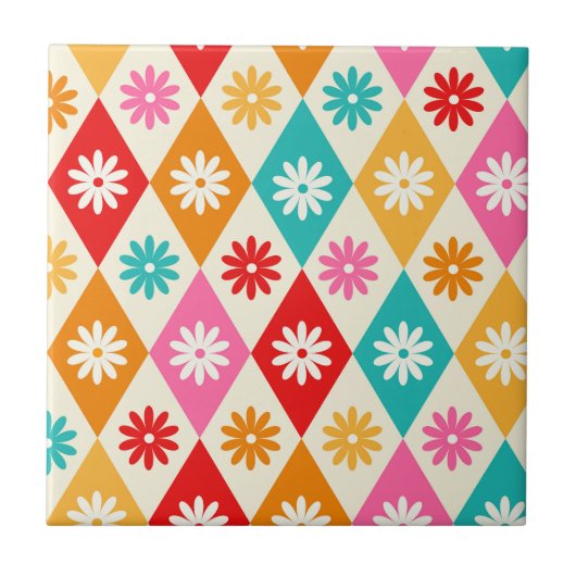 Carreau Fleurs rétro sur Diamants Arlequin du milieu du si (Devant)