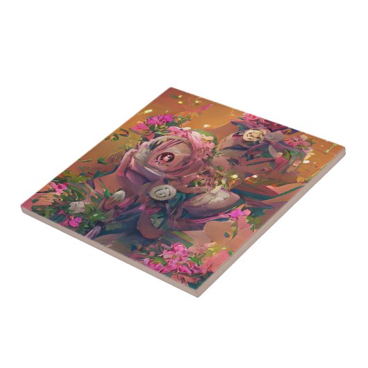 Carreau Fleurs rose rose orange art numérique vert (Côté)