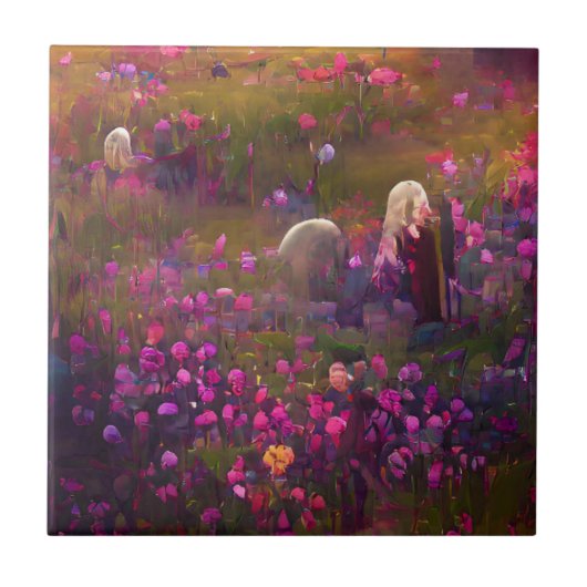 Carreau Fleurs roses dans un art numérique de champ vert (Devant)