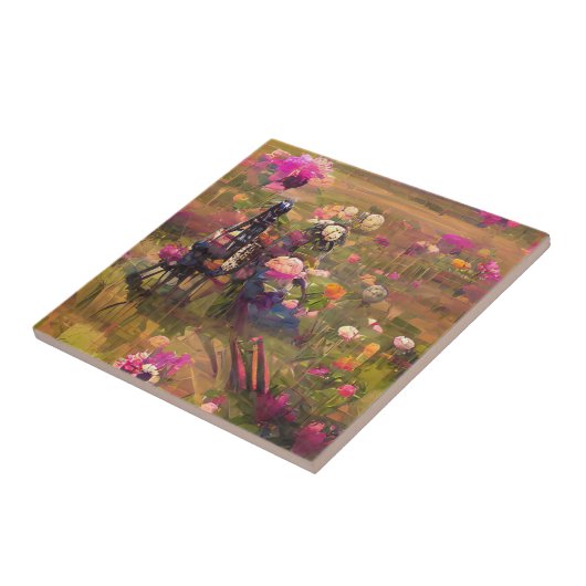 Carreau Fleurs roses dans un art numérique de champ vert (Côté)