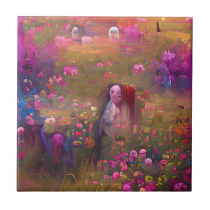 Carreau Fleurs roses dans un champ vert art numérique