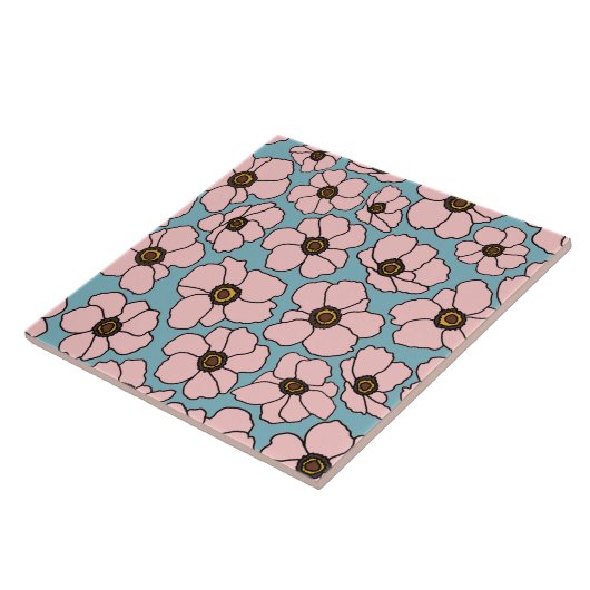 Carreau Fleurs roses modernes sur fond bleu (Côté)