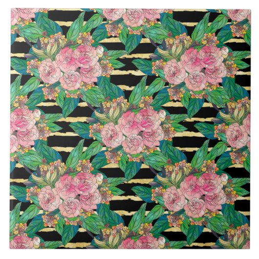 Carreau Fleurs roses noires tendance Gold Stripes Botaniqu (Devant)