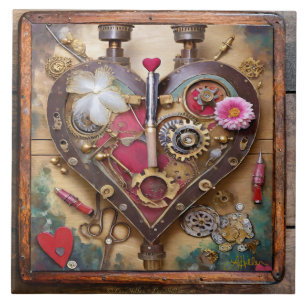 Carreau Fleurs Rouge à Lèvres Coeur Série Steampunk