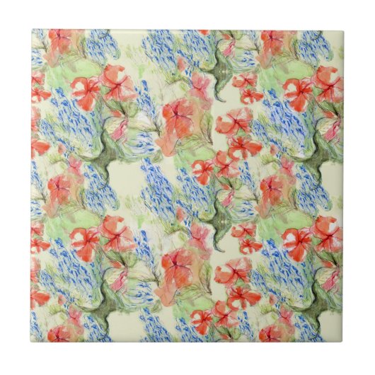 Carreau Fleurs rouges et bleues en style rétro (Devant)