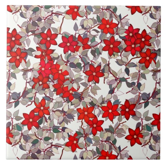 Carreau Fleurs rouges et feuilles gris argent (Devant)