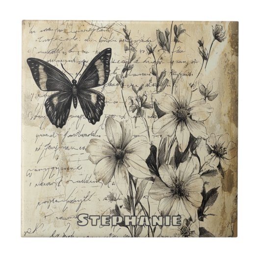 Carreau Fleurs rustiques et papillon - Papier vieilli (Devant)