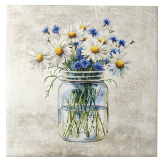 Carreau Fleurs rustiques Marguerites dans un vieux pot (Devant)