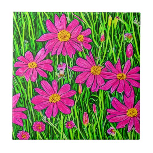 Carreau Fleurs sauvages rose fuchsia dans un champ (Devant)