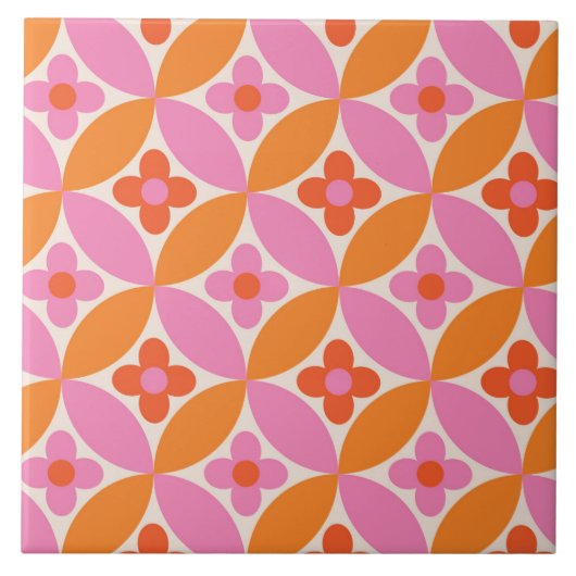 Carreau Fleurs sur cercles rose orange milieu du siècle (Devant)