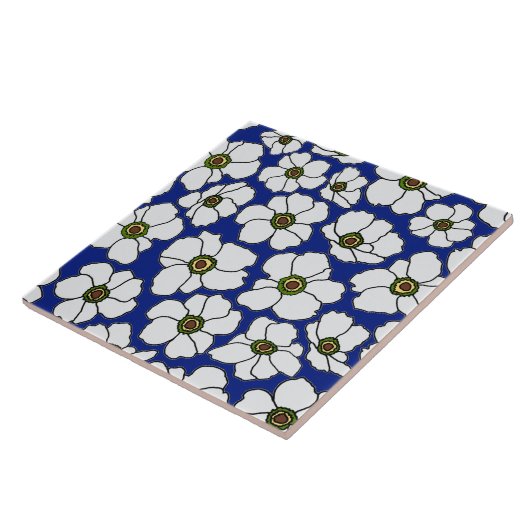 Carreau Fleurs tropicales blanches sur fond bleu (Côté)