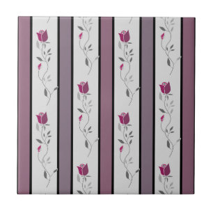 Carreau Fleurs vintage à motif rayé en noir et rose