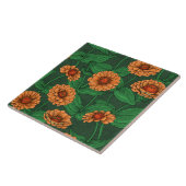 Carreau Fleurs Zinnia orange, feuilles verts sur vert fonc (Côté)