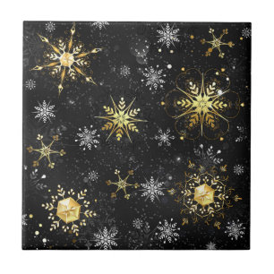 Carreau Flocons de neige dorés de Noël sur fond noir