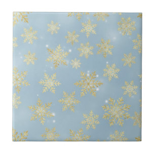 Carreau Flocons de neige dorés sur fond bleu ciel – Hiver