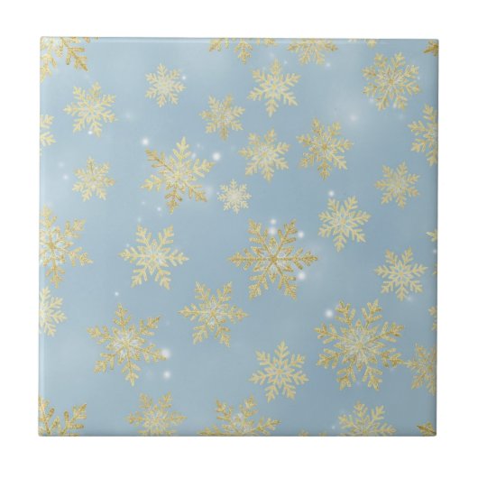 Carreau Flocons de neige dorés sur fond bleu ciel – Hiver  (Devant)