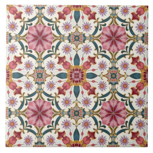 Carreau Floral Boho Pattern in Red, Pink & Teal (Devant)
