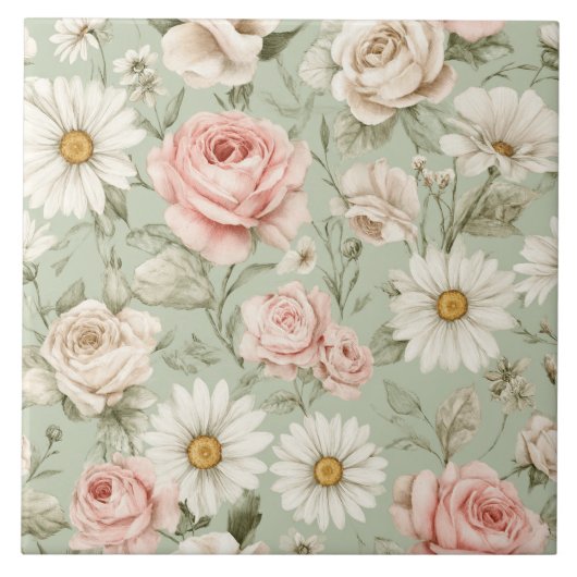 Carreau Floral Daisies Roses Watercolor Design (Devant)