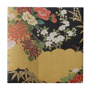 Carreau Floral d'or et de noir oriental japonais Kimono
