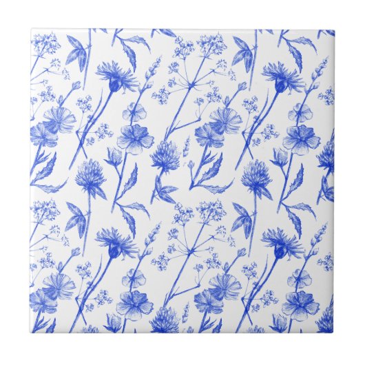 Carreau Floral Elegant Blue Flowers Ceramic Tile (Devant)