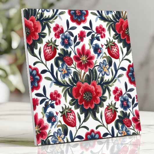Carreau Floral et fraises folk Motif d'art