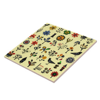 Carreau Floral folk coloré et oiseaux