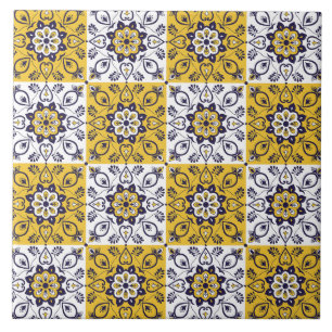 Carreau floral jaune et bleu méditerranéen