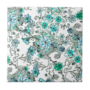 Carreau Floral peint à la main d'aquarelle turquoise