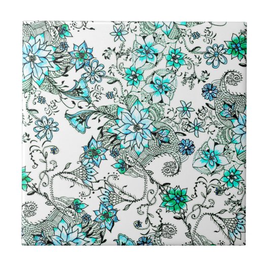 Carreau Floral peint à la main d'aquarelle turquoise (Devant)