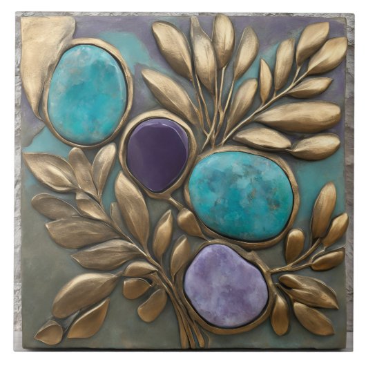 Carreau Floral Sculpture in Turquoise, Gold and purple (Devant)