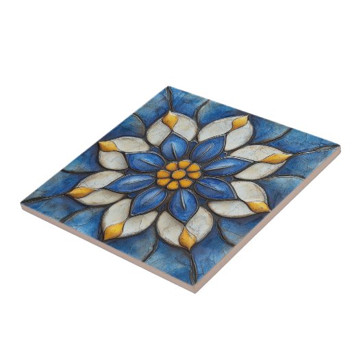 Carreau Flore Azulejo bleu blanc et jaune (Côté)