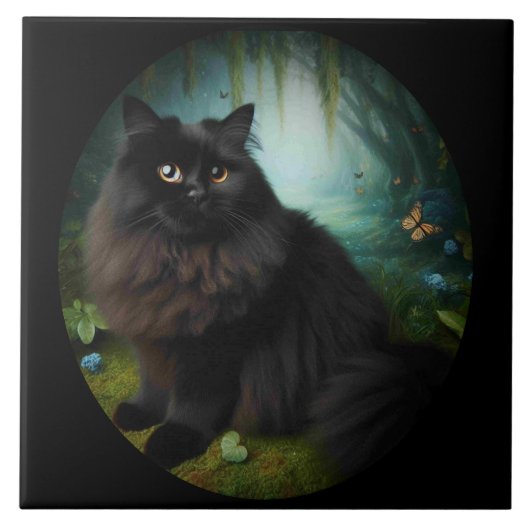 Carreau Fluffy Chat noir en Misty Woods (Devant)