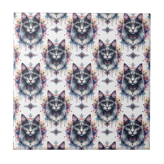 Carreau Fluffy Long cheveux gris et blanc Tuxedo Chat (Devant)