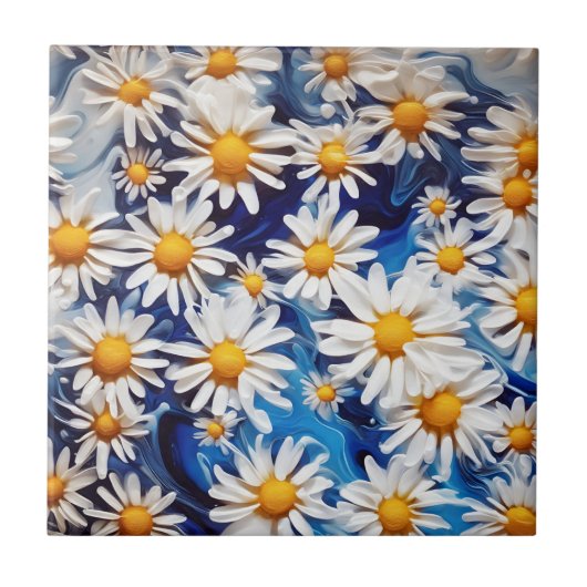 Carreau Fluid Abstrait Peinture Daisies Floral Art (Devant)