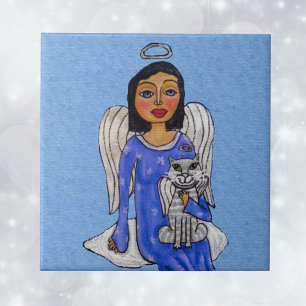 Carreau Folk Art Angel Bleu yeux Angel Blanc Chat sur Clou