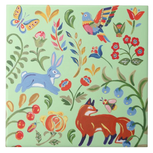 Carreau Folk Art Green Animal Bois Floral Fox Rabbit (Devant)