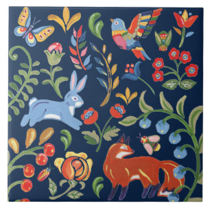 Carreau Folk Art Marine Animal Bois Floral Fox Rabbit