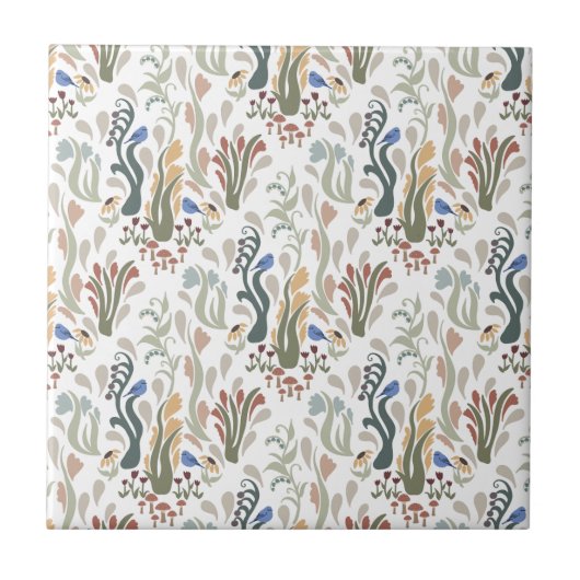 Carreau Folk Art Meadow & Blue Bird dans les tons terre (Devant)