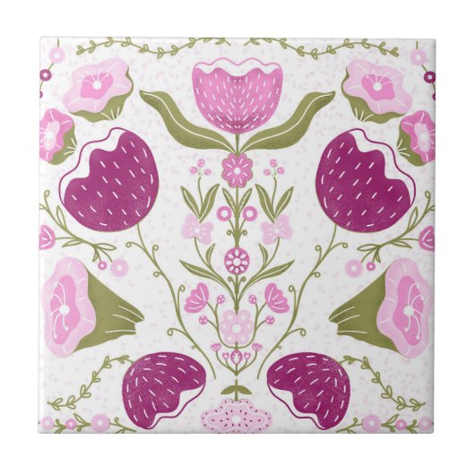 Carreau Folk Floral Pattern. Pink & Burgundy Flower Design (Devant)