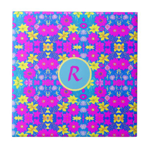 Carreau Fond à motif de fleurs rose bleu jaune ajouter nom