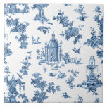Carreau Fontaines et arbres fantastiques vintages bleu toi<br><div class="desc">Adaptation harmonieuse historique d'un motif textile John Munn anglais gravé toile de jouy vers 1770 avec un monument classique à Shakespeare,  fontaines,  oiseaux et fleurs exotiques. Bleu sur arrière - plan blanc.</div>